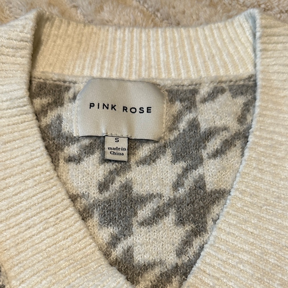 Pink Rose Gray and Hounds Tooth Cream V-Neck Sweater Vest Size S - Picture 3 of 6